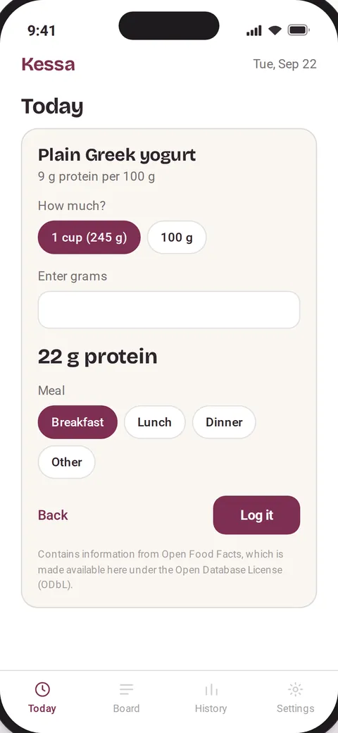 Kessa confirming a scanned package before it is logged to breakfast.