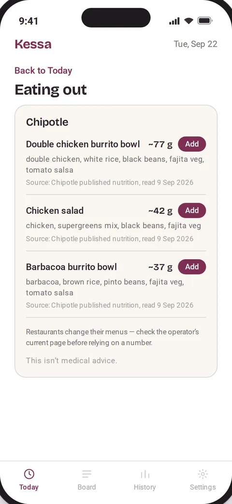 Kessa listing Chipotle items ranked by protein, each with its source and the date it was read.