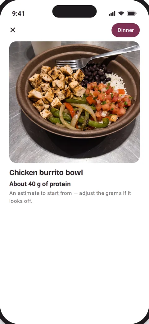 Kessa showing a protein estimate for a photographed plate, with four buttons for how much was eaten.