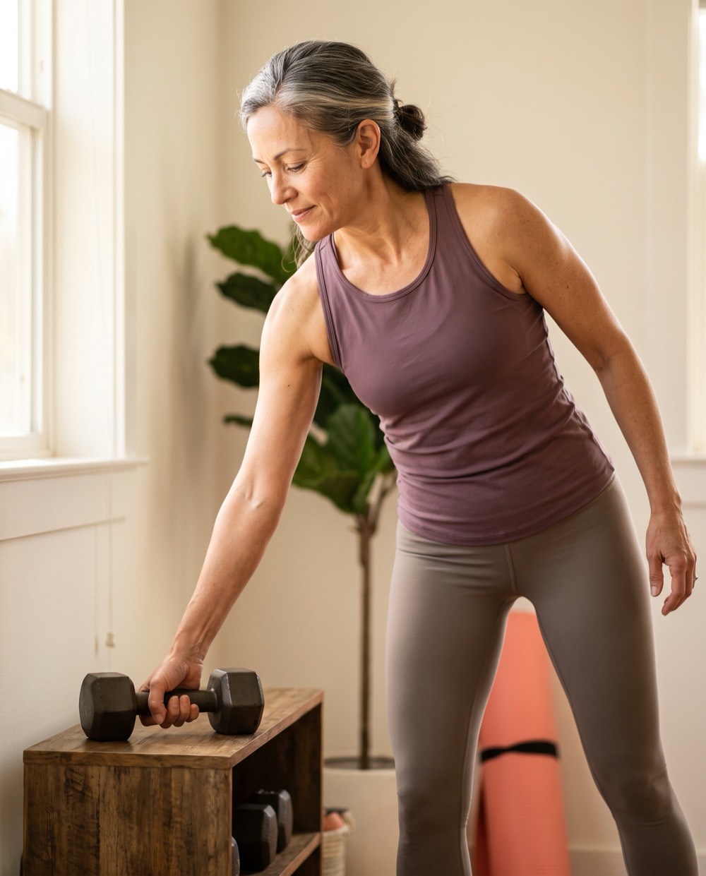 Woman picking up a dumbbell at home in warm morning light
