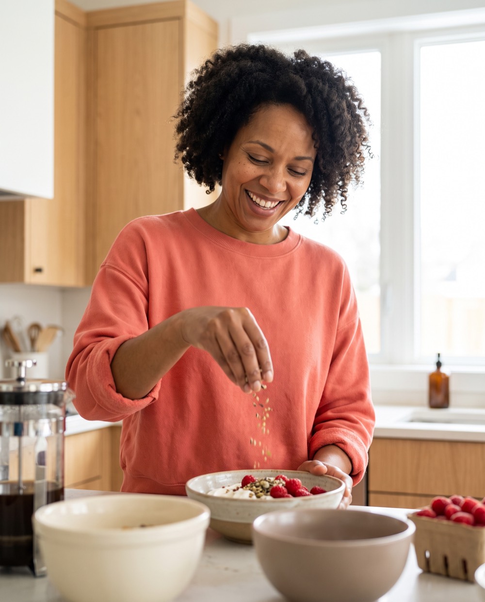 Woman in her kitchen sprinkling seeds over a yogurt bowl of raspberries